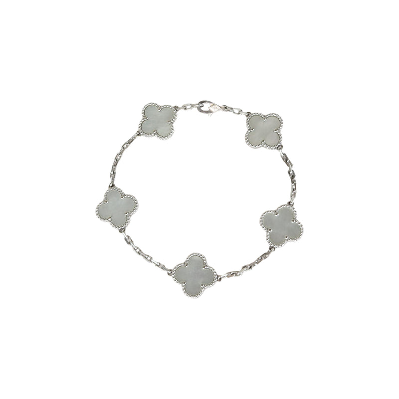 Mother of Pearl 5 Motifs Vintage Alhambra 18K White Gold Bracelet