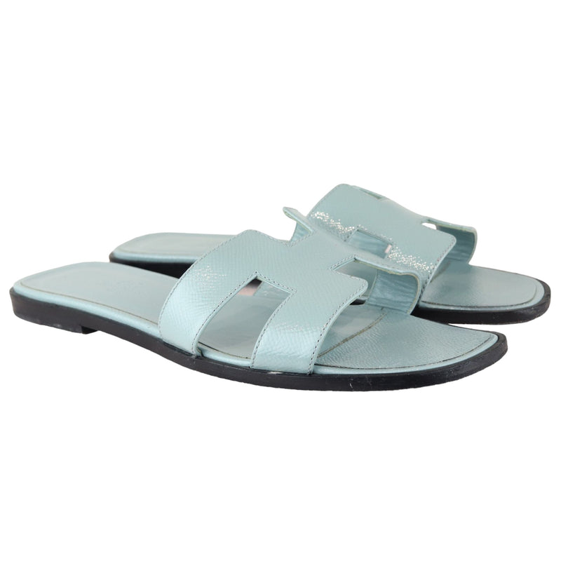 Oran Flat Sandals Patent Leather Light Blue Size 38