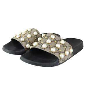 Pearls Slide Sandals GG Supreme Monogram Beige Size 37