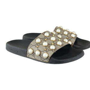 Pearls Slide Sandals GG Supreme Monogram Beige Size 37