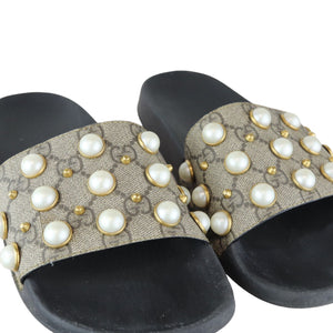 Pearls Slide Sandals GG Supreme Monogram Beige Size 37