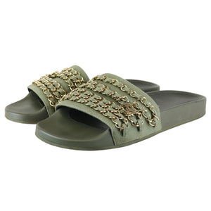 Chain Flat Sandals Canvas Green Size 38 GHW