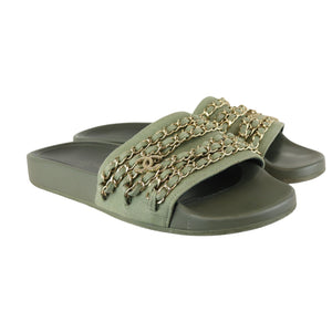 Chain Flat Sandals Canvas Green Size 38 GHW