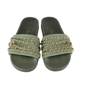 Chain Flat Sandals Canvas Green Size 38 GHW