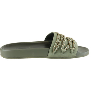 Chain Flat Sandals Canvas Green Size 38 GHW