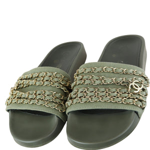 Chain Flat Sandals Canvas Green Size 38 GHW