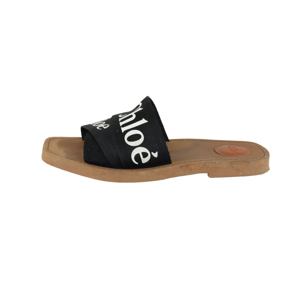 Logo Ribbon Woody Flat Sandals Canvas Black Size 38