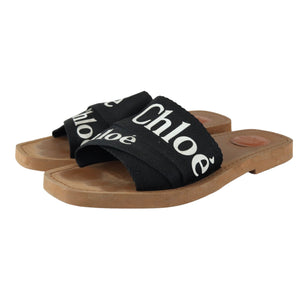 Logo Ribbon Woody Flat Sandals Canvas Black Size 38