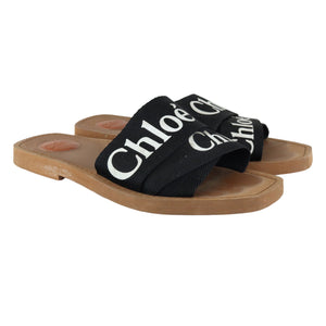 Logo Ribbon Woody Flat Sandals Canvas Black Size 38