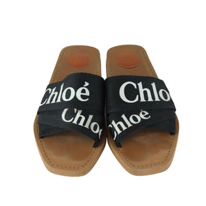 Logo Ribbon Woody Flat Sandals Canvas Black Size 38