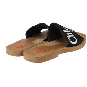 Logo Ribbon Woody Flat Sandals Canvas Black Size 38