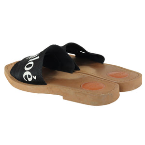 Logo Ribbon Woody Flat Sandals Canvas Black Size 38