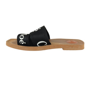 Logo Ribbon Woody Flat Sandals Canvas Black Size 38