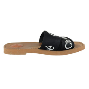 Logo Ribbon Woody Flat Sandals Canvas Black Size 38