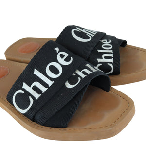 Logo Ribbon Woody Flat Sandals Canvas Black Size 38