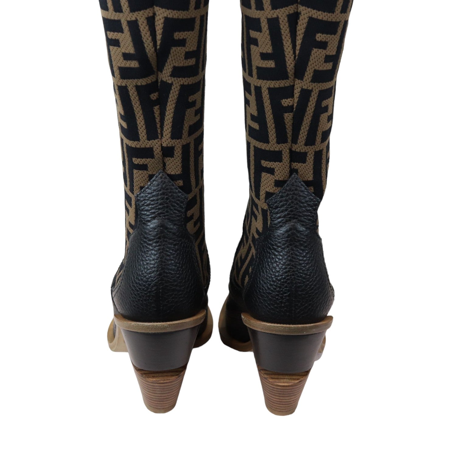 Fendi Cutwalk Thigh High Sock Boots Stretch Fabric FF Tobacco Black Size 38 Bag Religion