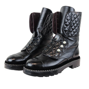 Pearl Combat Boots Crackled Calfskin Velvet Black Size 38