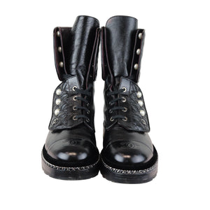 Pearl Combat Boots Crackled Calfskin Velvet Black Size 38