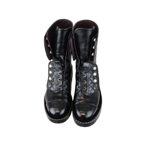 Pearl Combat Boots Crackled Calfskin Velvet Black Size 38