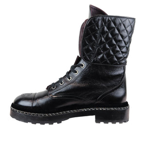 Pearl Combat Boots Crackled Calfskin Velvet Black Size 38