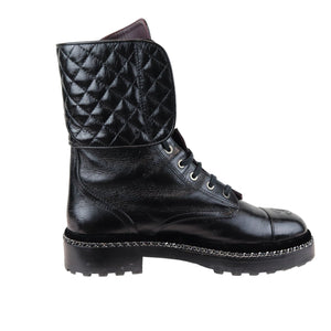 Pearl Combat Boots Crackled Calfskin Velvet Black Size 38