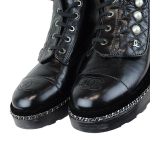 Pearl Combat Boots Crackled Calfskin Velvet Black Size 38