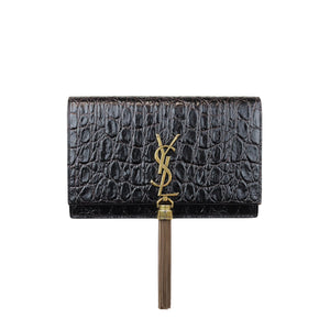 Kate Tassel Chain Wallet Calfskin Crocodile Embossed Black GHW