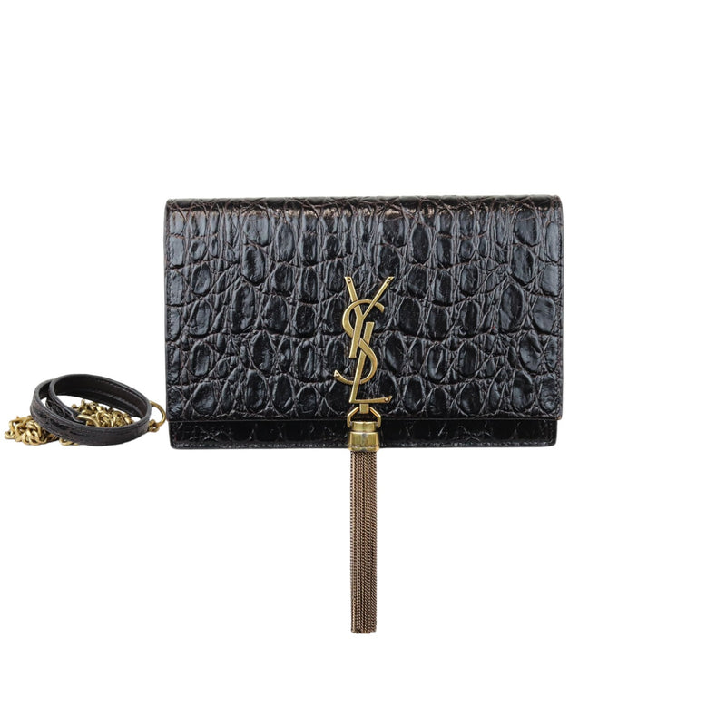 Kate Tassel Chain Wallet Calfskin Crocodile Embossed Black GHW