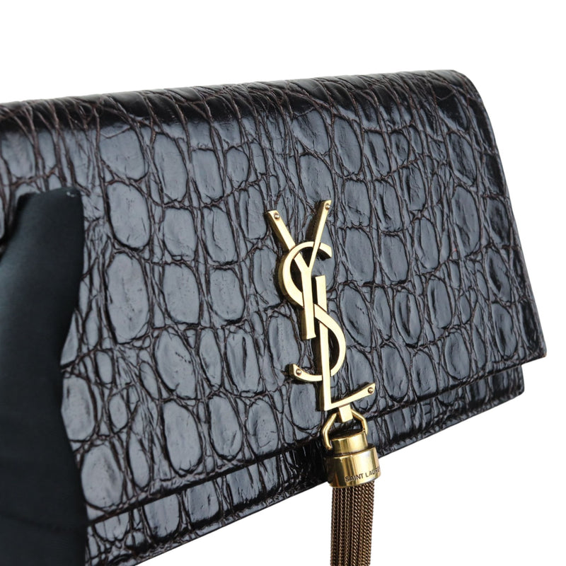 Kate Tassel Chain Wallet Calfskin Crocodile Embossed Black GHW