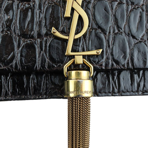 Kate Tassel Chain Wallet Calfskin Crocodile Embossed Black GHW