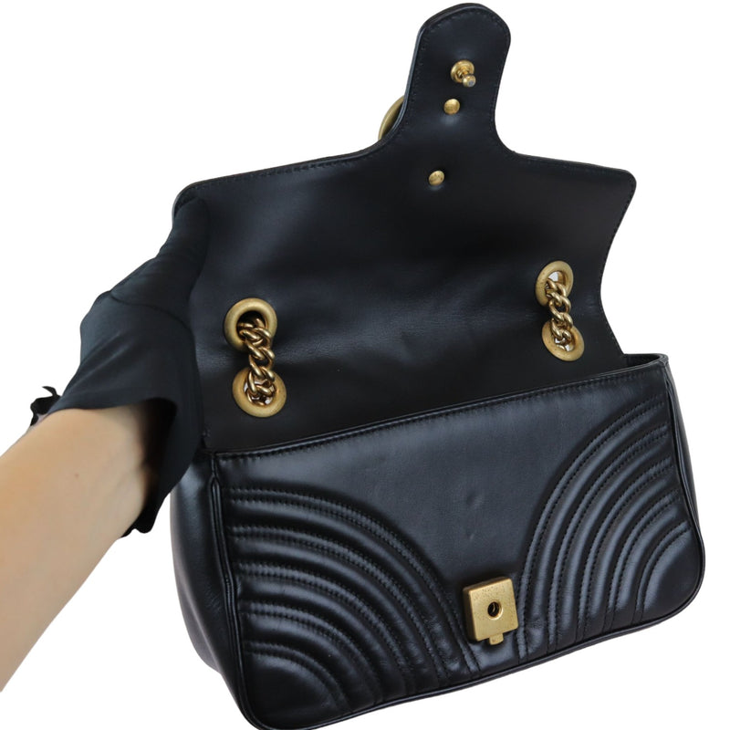 GG Marmont Small Shoulder Calfskin Matelasse Black GHW