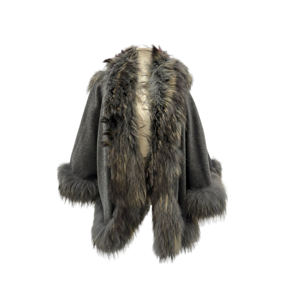 Cape Coat Wrap Fox Fur Trim Cashmere Grey