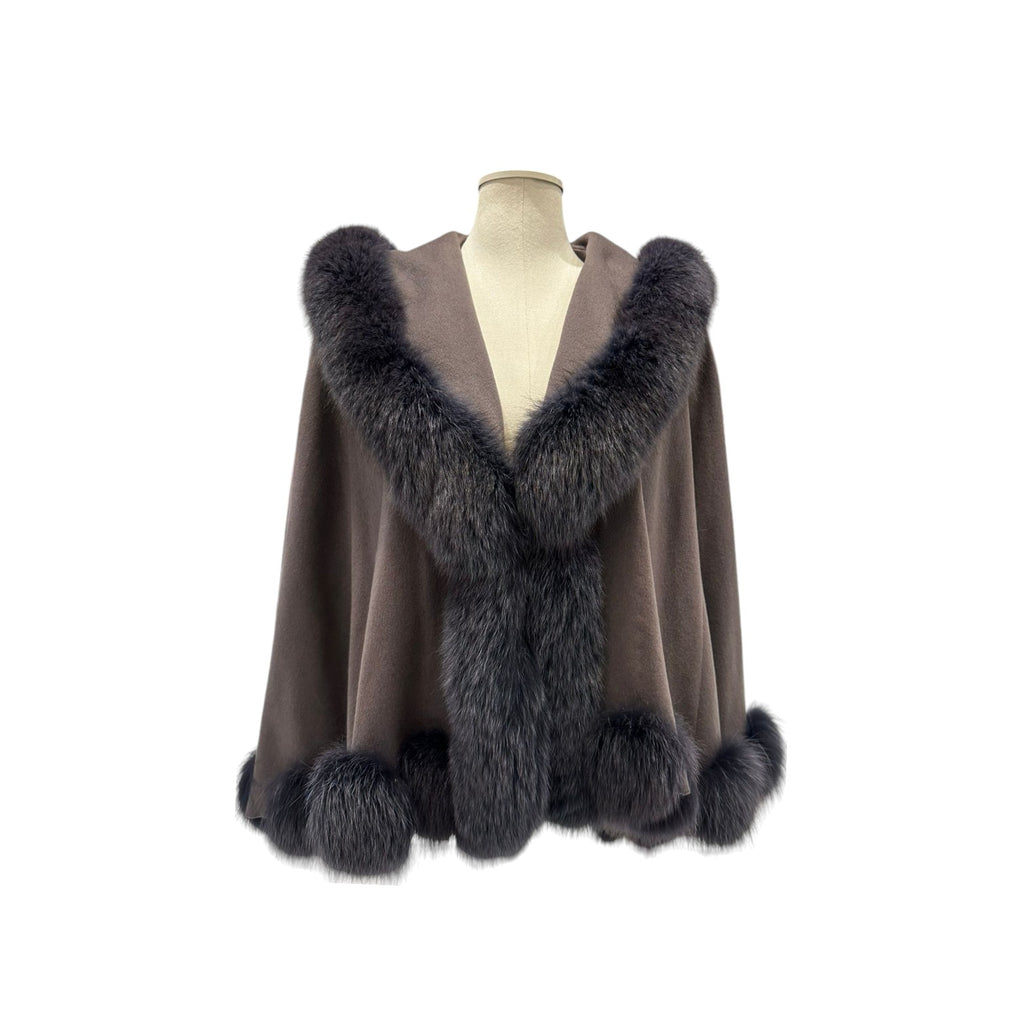 Open Front Coat Fox Fur Trim Cashmere Brown