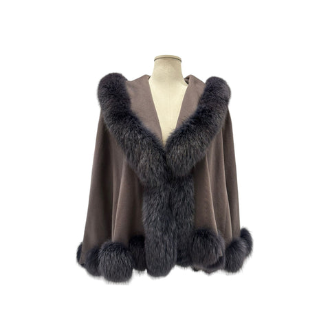 Cape Coat Wrap Fox Fur Trim Cashmere Grey