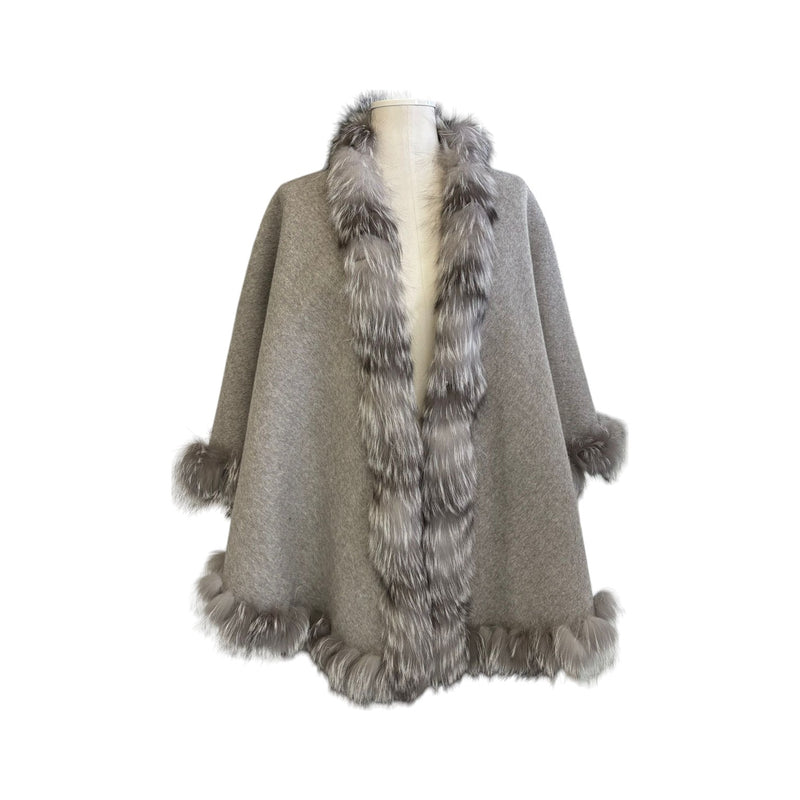 Women's Shawl Cape Wrap Cross Fox Fur Cashmere Wool Grey