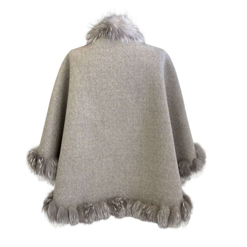 Women's Shawl Cape Wrap Cross Fox Fur Cashmere Wool Grey