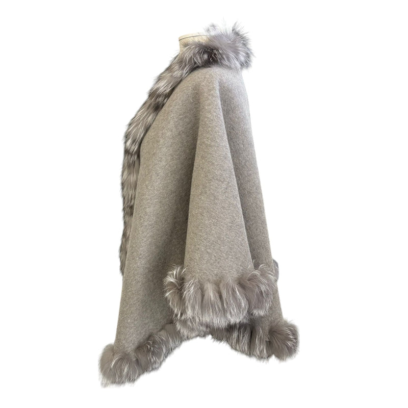 Women's Shawl Cape Wrap Cross Fox Fur Cashmere Wool Grey