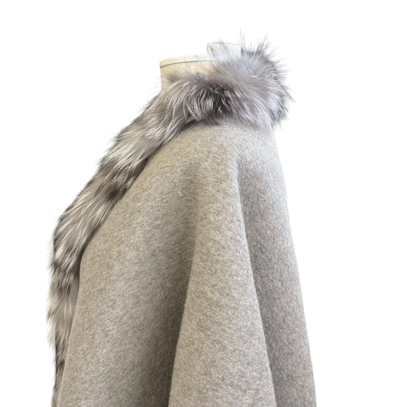 Women's Shawl Cape Wrap Cross Fox Fur Cashmere Wool Grey