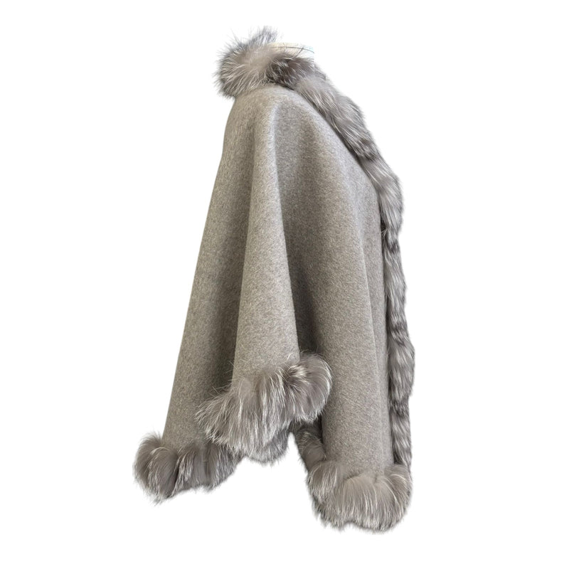 Women's Shawl Cape Wrap Cross Fox Fur Cashmere Wool Grey