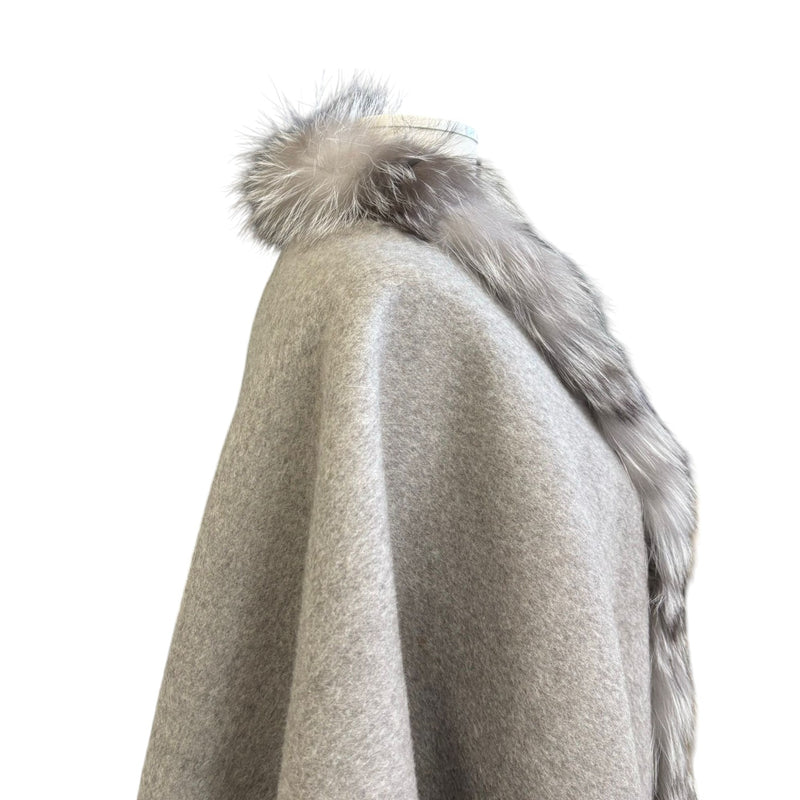 Women's Shawl Cape Wrap Cross Fox Fur Cashmere Wool Grey