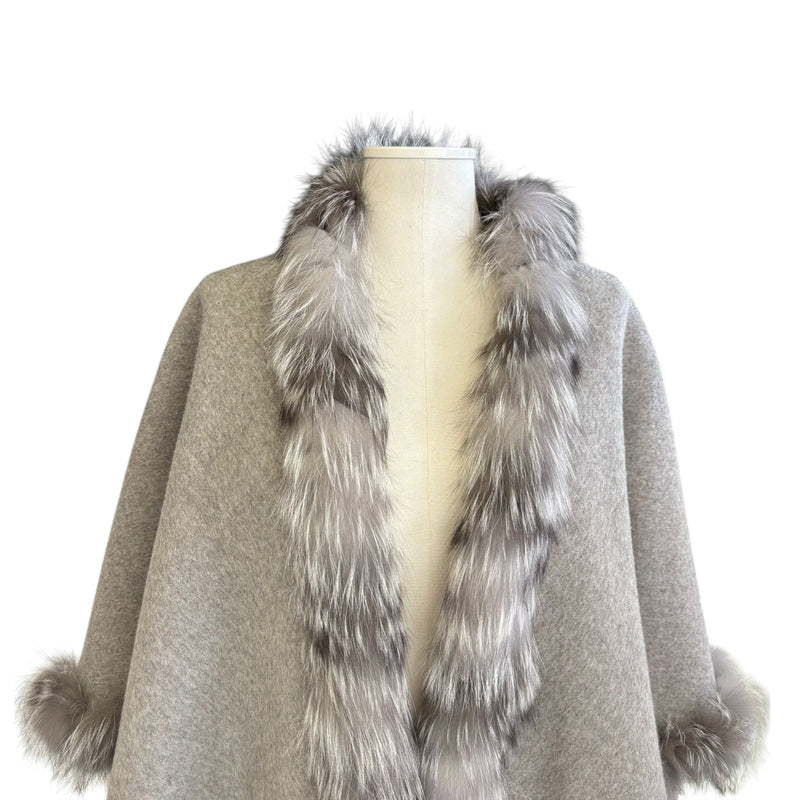 Women's Shawl Cape Wrap Cross Fox Fur Cashmere Wool Grey