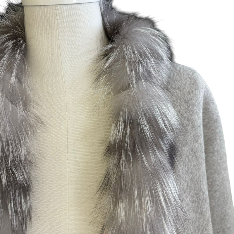 Women's Shawl Cape Wrap Cross Fox Fur Cashmere Wool Grey