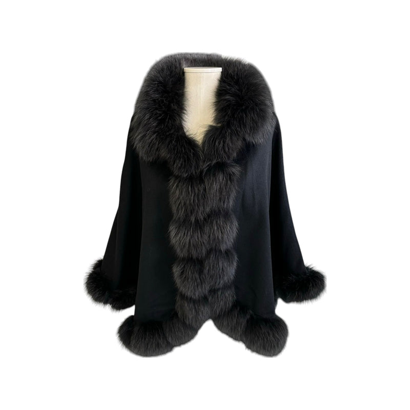 Women's Shawl Cape Wrap Cross Fox Fur Cashmere Wool Black