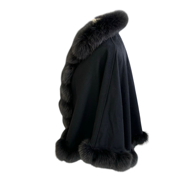 Women's Shawl Cape Wrap Cross Fox Fur Cashmere Wool Black