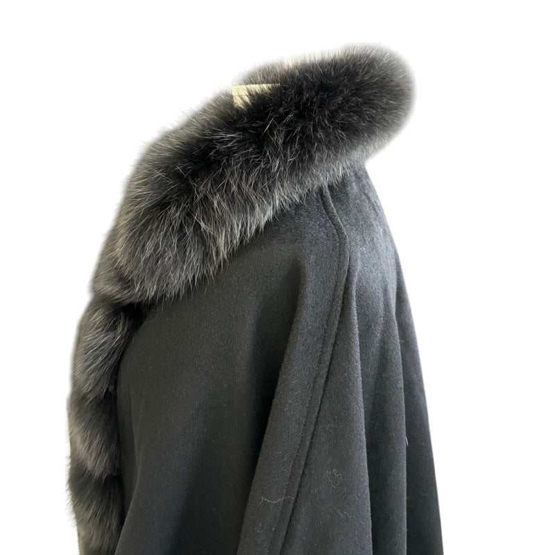 Women's Shawl Cape Wrap Cross Fox Fur Cashmere Wool Black