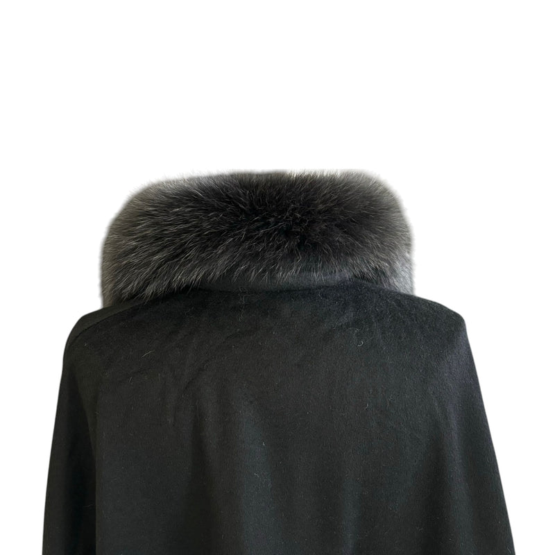 Women's Shawl Cape Wrap Cross Fox Fur Cashmere Wool Black