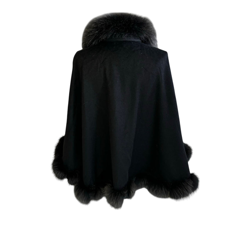 Women's Shawl Cape Wrap Cross Fox Fur Cashmere Wool Black