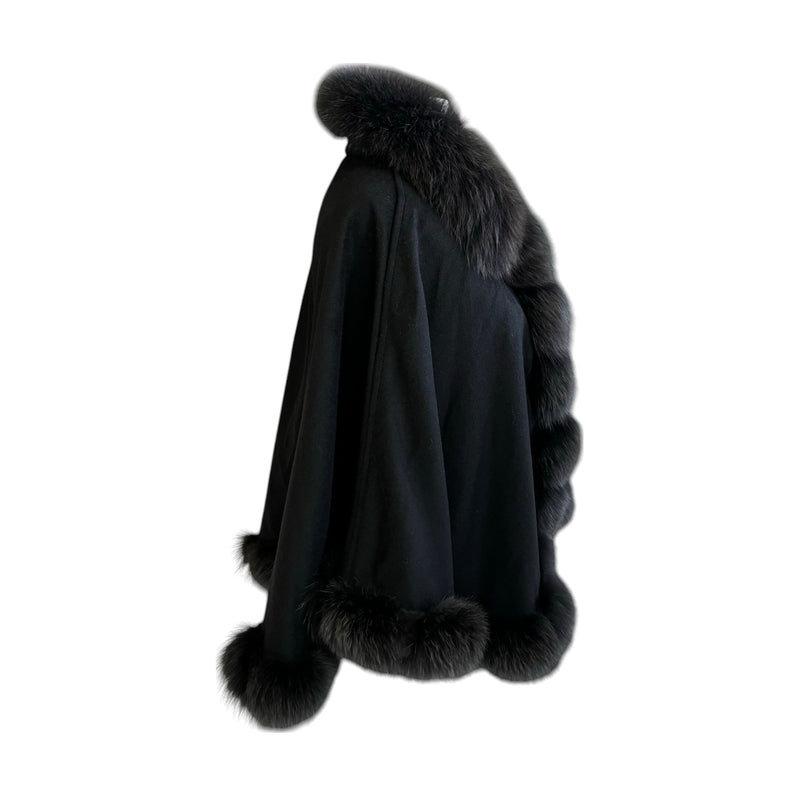 Women's Shawl Cape Wrap Cross Fox Fur Cashmere Wool Black