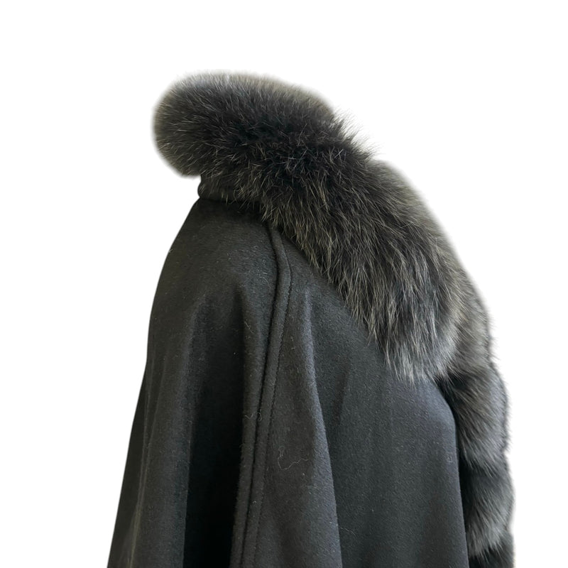 Women's Shawl Cape Wrap Cross Fox Fur Cashmere Wool Black