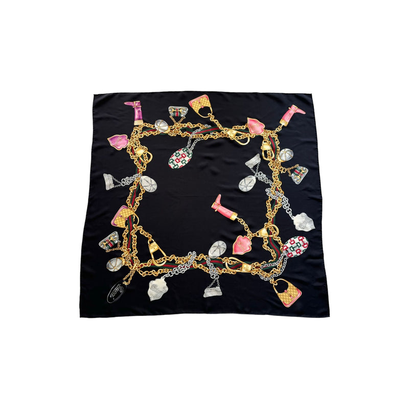 Multi Icon Print Scarf Silk Black